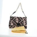 FENDI Chain Mamma Baguette Bag Wool Sequin Enamel Black Pink Auth am12104SM-12