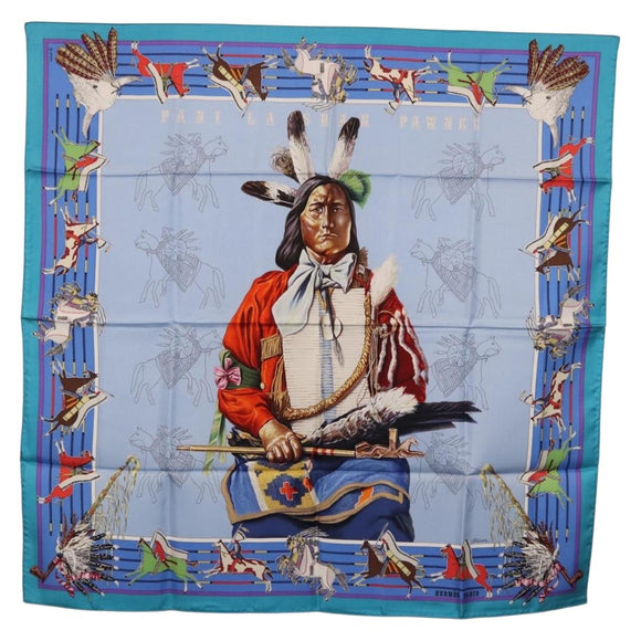 HERMES Carre 90 Scarf ”PANI LA SHAR PAWNEE” Silk Blue Auth am12110M