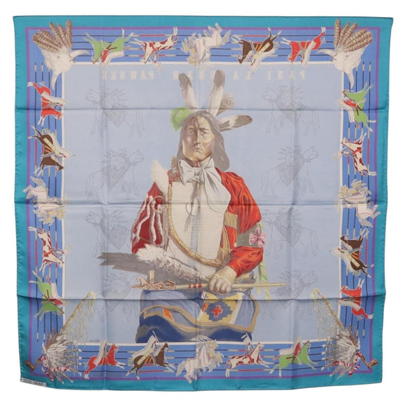 HERMES Carre 90 Scarf ”PANI LA SHAR PAWNEE” Silk Blue Auth am12110M