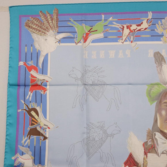 HERMES Carre 90 Scarf ”PANI LA SHAR PAWNEE” Silk Blue Auth am12110M
