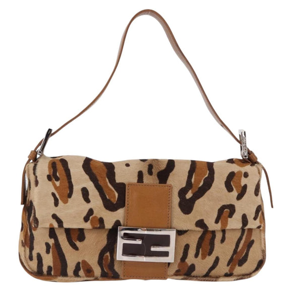 FENDI Leopard Mamma Baguette Bag Harako leather Beige Silver Auth am12111SM