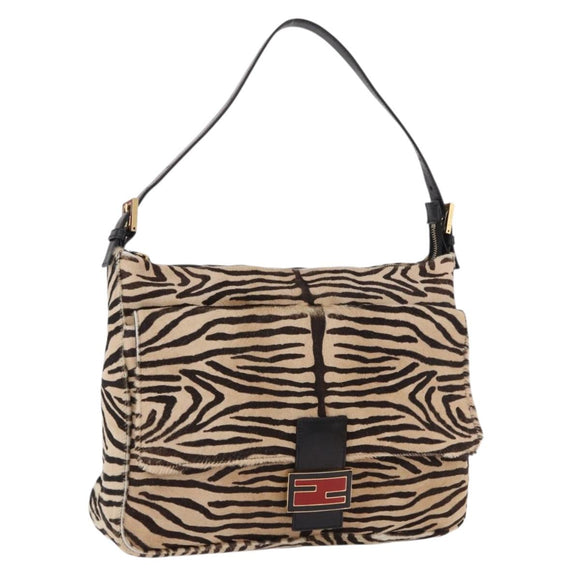 FENDI Zebra Pattern Mamma Baguette Bag Harako leather Beige Gold Auth am12114SAM
