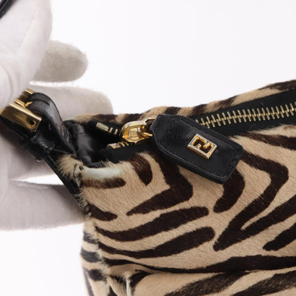 FENDI Zebra Pattern Mamma Baguette Bag Harako leather Beige Gold Auth am12114SAM