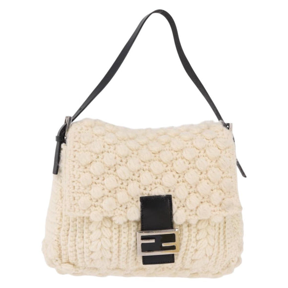 FENDI Mamma Baguette Shoulder Bag Wool White Black Auth am12117SAV