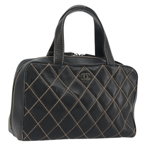 CHANEL Wild Stitch Hand Bag Leather Black CC Auth am12135