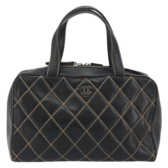 CHANEL Wild Stitch Hand Bag Leather Black CC Auth am12135