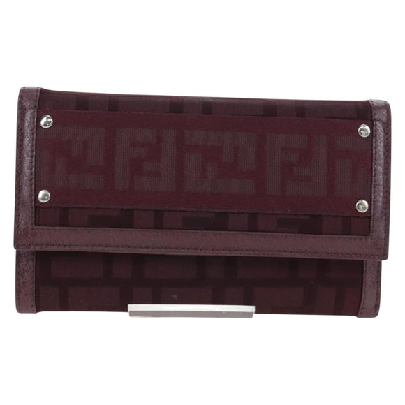 FENDI Zucca Canvas Trifold Wallet Nylon Leather Bordeaux Silver Auth am12141V