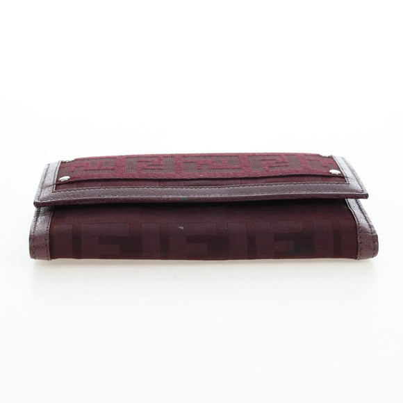 FENDI Zucca Canvas Trifold Wallet Nylon Leather Bordeaux Silver Auth am12141V