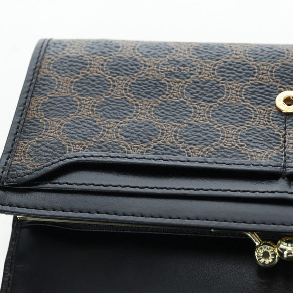 CELINE Macadam Canvas Kiss Lock Long Wallet PVC Leather Black Auth am12152V