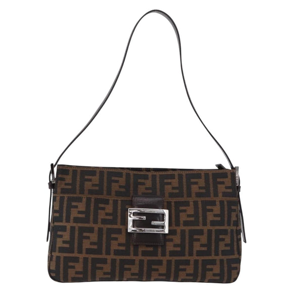 FENDI Zucca Canvas Mamma Baguette Shoulder Bag Black Brown Auth am12180V