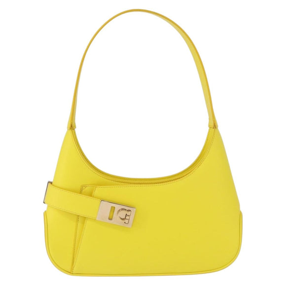 Salvatore Ferragamo Gancini Hand Bag Patent leather Yellow Gold Auth am12197M