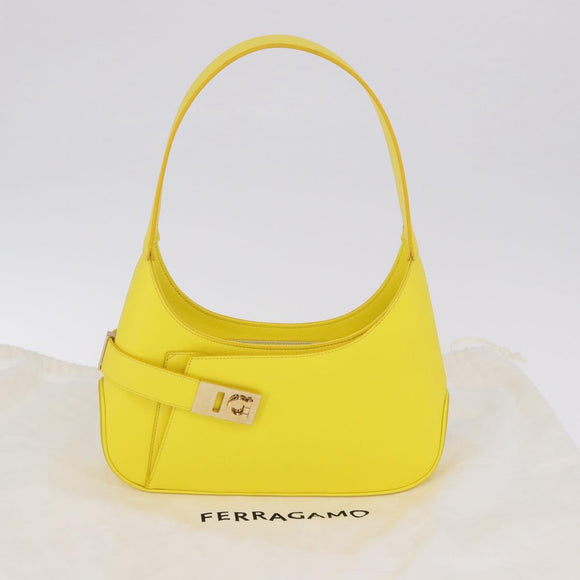 Salvatore Ferragamo Gancini Hand Bag Patent leather Yellow Gold Auth am12197M