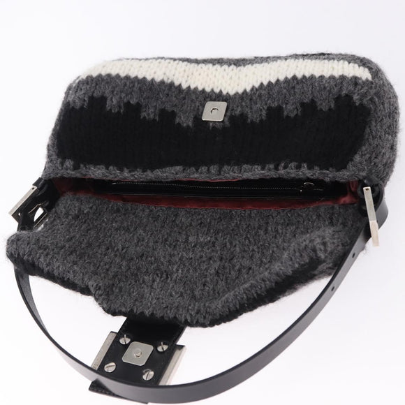 FENDI Mamma Baguette Shoulder Bag Wool Gray Silver Auth am12200SAM