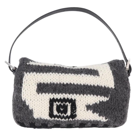 FENDI Mamma Baguette Shoulder Bag Wool Gray Silver Auth am12200SAM