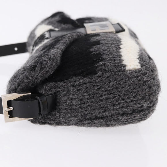 FENDI Mamma Baguette Shoulder Bag Wool Gray Silver Auth am12200SAM