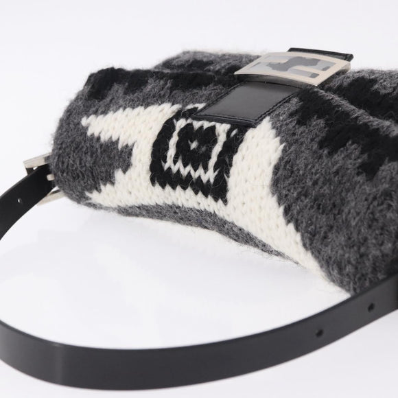 FENDI Mamma Baguette Shoulder Bag Wool Gray Silver Auth am12200SAM