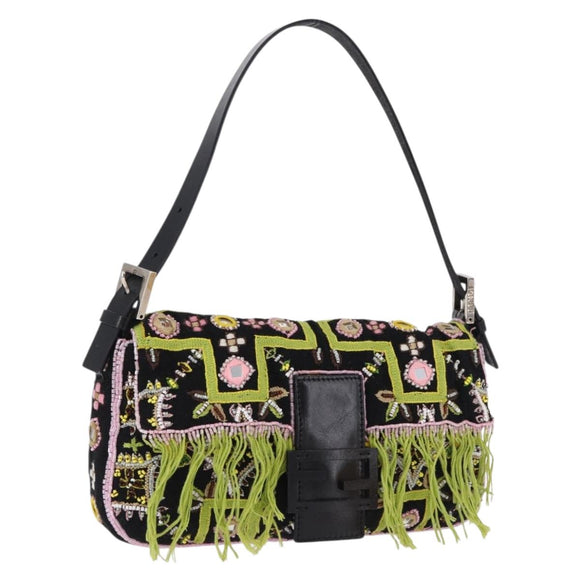 FENDI Beads Fringe Mamma Baguette Bag Canvas Multicolor Silver Auth am12201SAM