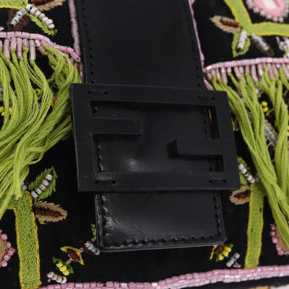 FENDI Beads Fringe Mamma Baguette Bag Canvas Multicolor Silver Auth am12201SAM