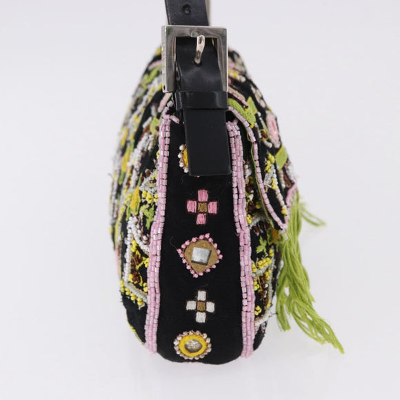 FENDI Beads Fringe Mamma Baguette Bag Canvas Multicolor Silver Auth am12201SAM