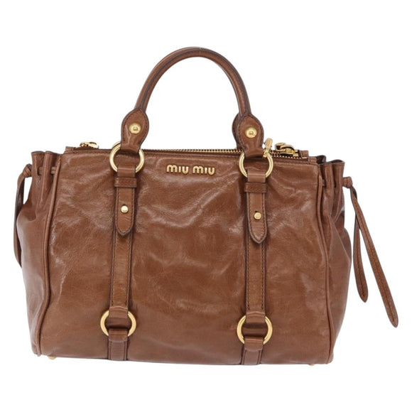 Miu Miu Side Ribbon Hand Bag Leather 2way Brown Gold RN0893 Auth am12206V
