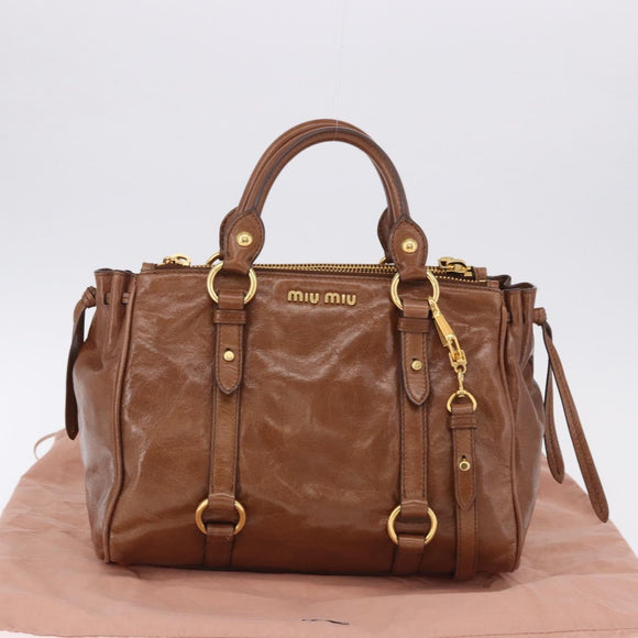 Miu Miu Side Ribbon Hand Bag Leather 2way Brown Gold RN0893 Auth am12206V