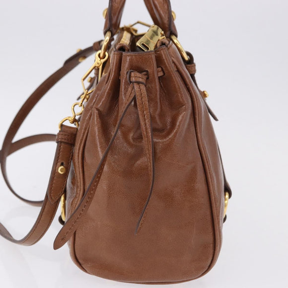 Miu Miu Side Ribbon Hand Bag Leather 2way Brown Gold RN0893 Auth am12206V
