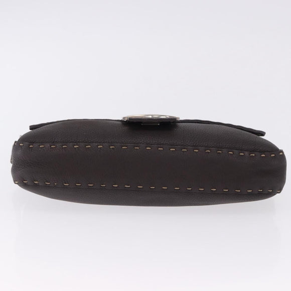 FENDI Selleria Mamma Baguette Bag Leather Dark Brown Silver Auth am12207V