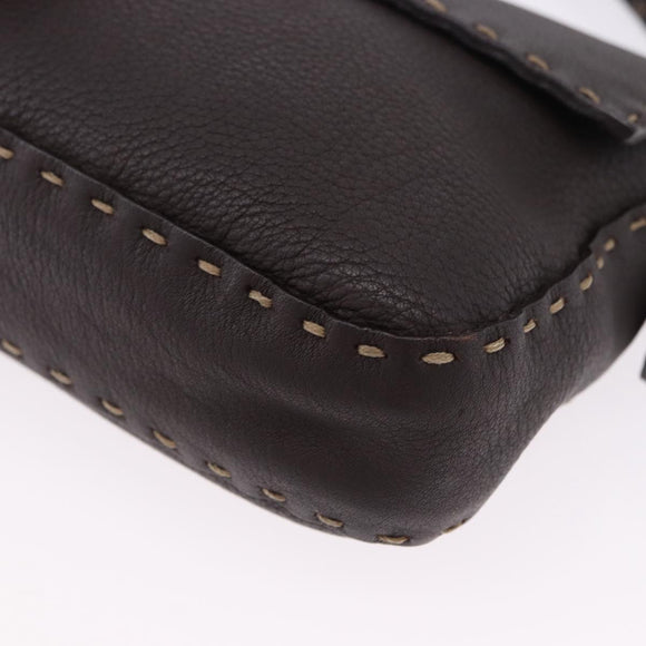 FENDI Selleria Mamma Baguette Bag Leather Dark Brown Silver Auth am12207V