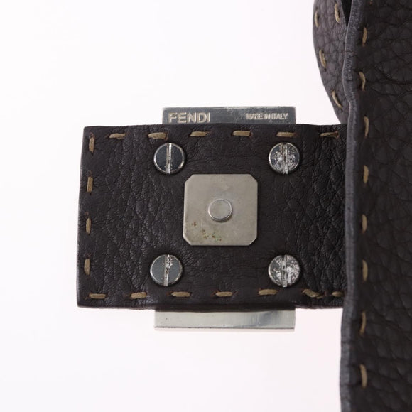 FENDI Selleria Mamma Baguette Bag Leather Dark Brown Silver Auth am12207V