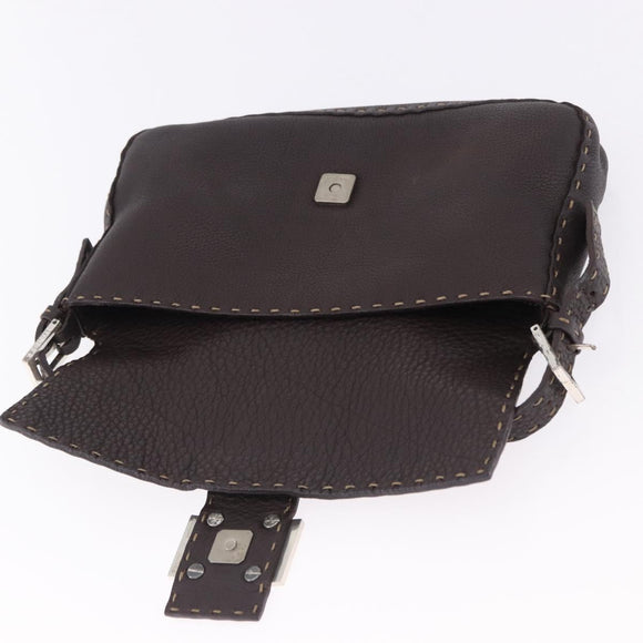 FENDI Selleria Mamma Baguette Bag Leather Dark Brown Silver Auth am12207V