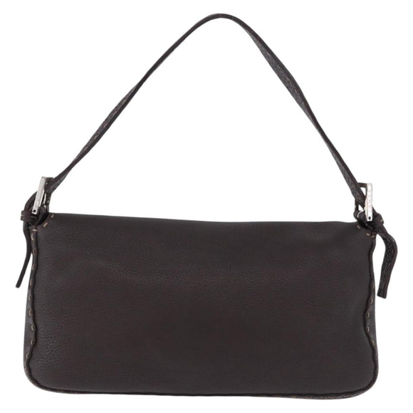 FENDI Selleria Mamma Baguette Bag Leather Dark Brown Silver Auth am12207V