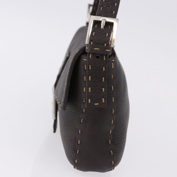 FENDI Selleria Mamma Baguette Bag Leather Dark Brown Silver Auth am12207V
