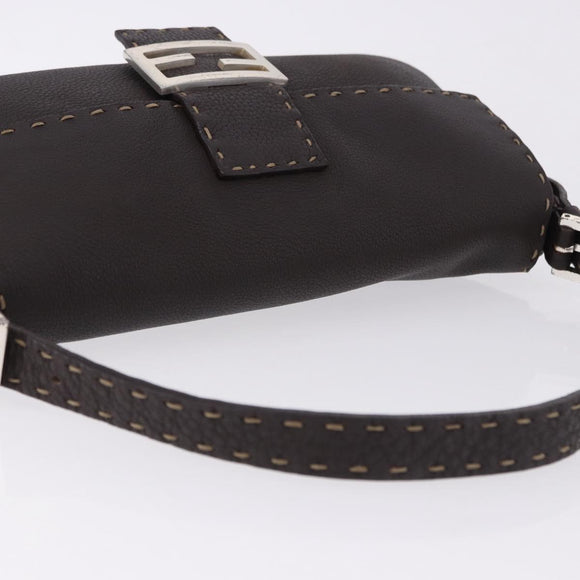 FENDI Selleria Mamma Baguette Bag Leather Dark Brown Silver Auth am12207V