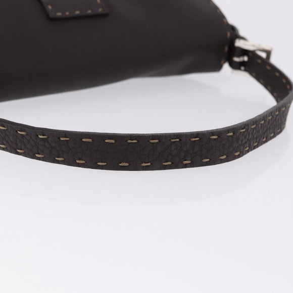 FENDI Selleria Mamma Baguette Bag Leather Dark Brown Silver Auth am12207V