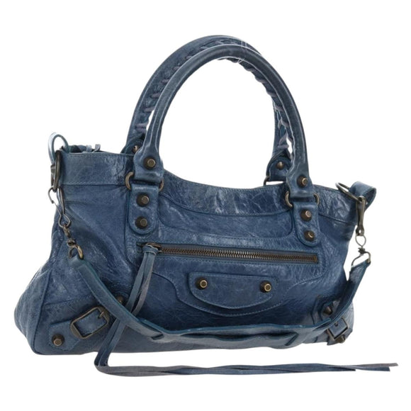 BALENCIAGA The First Hand Bag Leather 2way Blue Gold 103208 Auth am12227V