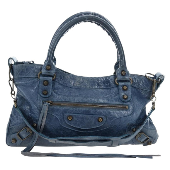 BALENCIAGA The First Hand Bag Leather 2way Blue Gold 103208 Auth am12227V