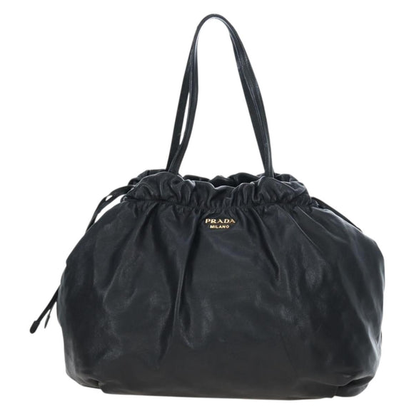 PRADA Side Ribbon Hand Bag Leather Black Gold BR4240 Auth am12234V