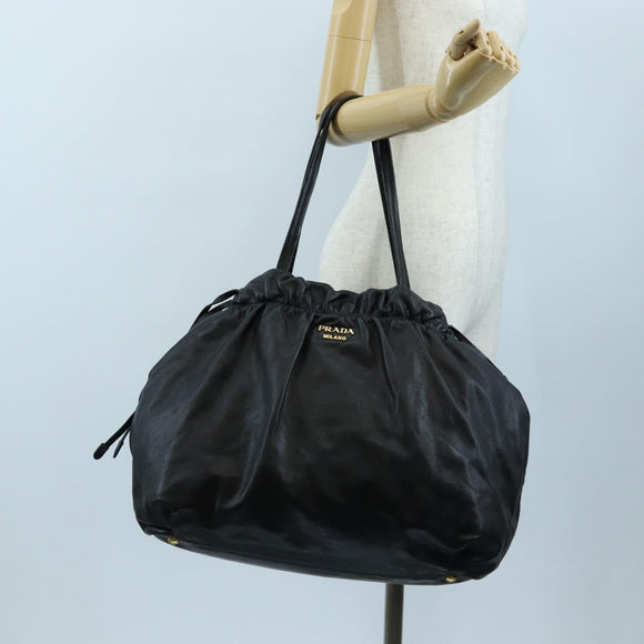 PRADA Side Ribbon Hand Bag Leather Black Gold BR4240 Auth am12234V