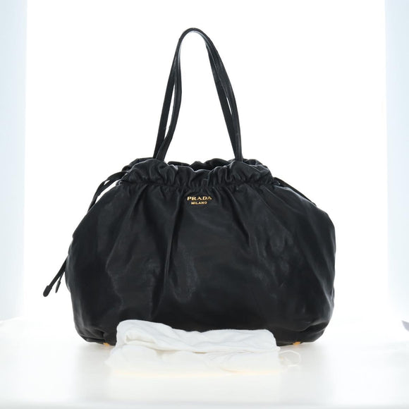 PRADA Side Ribbon Hand Bag Leather Black Gold BR4240 Auth am12234V