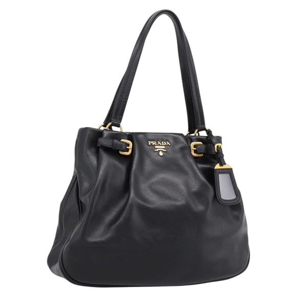PRADA Tote Bag Calf Skin Black Gold Auth am12245SAM