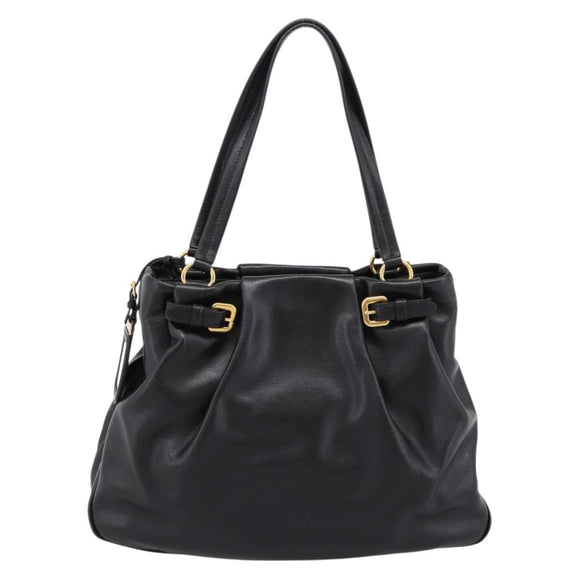 PRADA Tote Bag Calf Skin Black Gold Auth am12245SAM