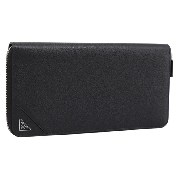 PRADA Organizer Round Long Wallet Leather Black Silver Auth am12253M