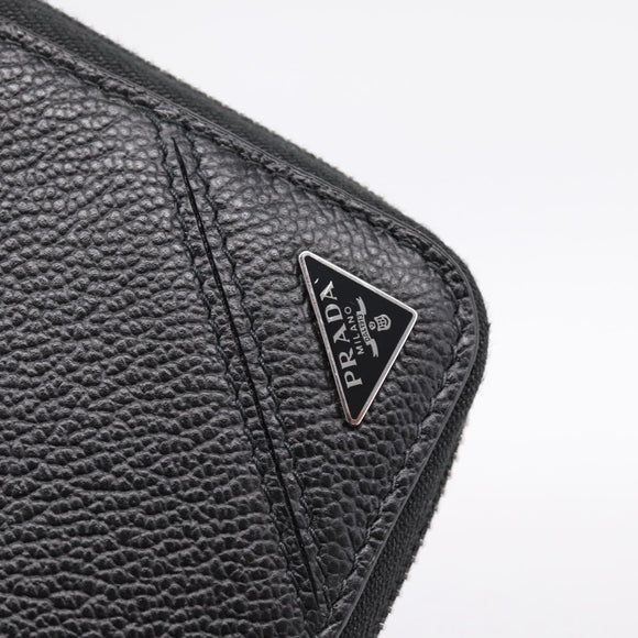 PRADA Organizer Round Long Wallet Leather Black Silver Auth am12253M