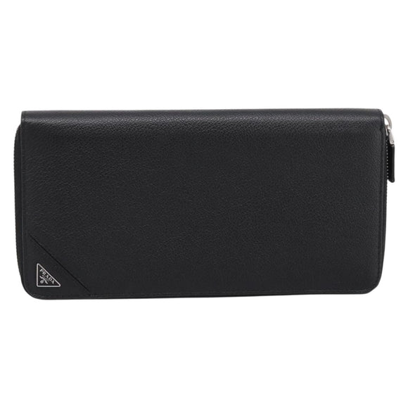 PRADA Organizer Round Long Wallet Leather Black Silver Auth am12253M