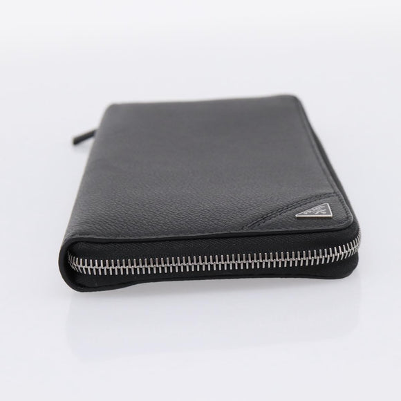 PRADA Organizer Round Long Wallet Leather Black Silver Auth am12253M