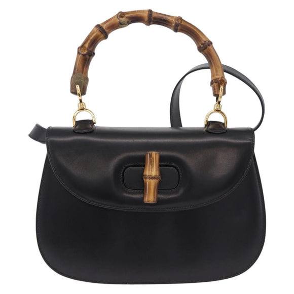 GUCCI Bamboo Hand Bag Leather 2way Black Gold 000 46 0633 Auth am12260SAV