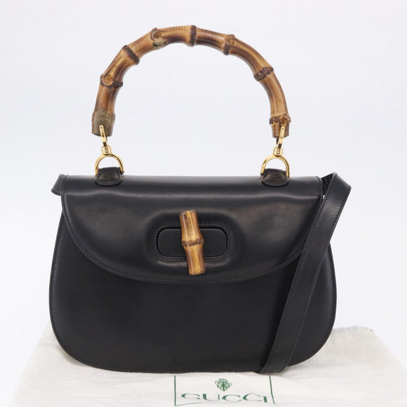 GUCCI Bamboo Hand Bag Leather 2way Black Gold 000 46 0633 Auth am12260SAV