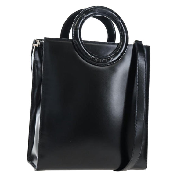 CELINE Circle Handle Hand Bag Leather 2way Black Silver Auth am12266V