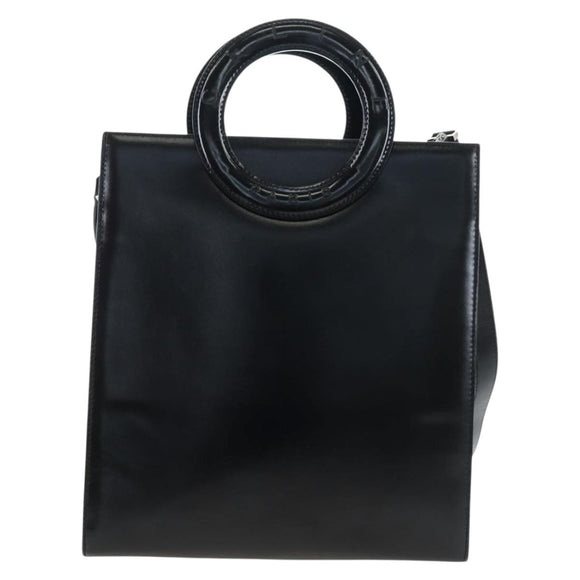CELINE Circle Handle Hand Bag Leather 2way Black Silver Auth am12266V