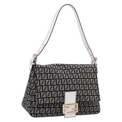 FENDI Zucchino Canvas Mamma Baguette Bag Black Gray Gold Auth am12275SAV